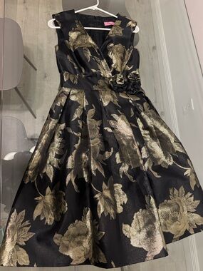 Eliza J Black & Gold Floral Fit-and-Flare Midi Dress